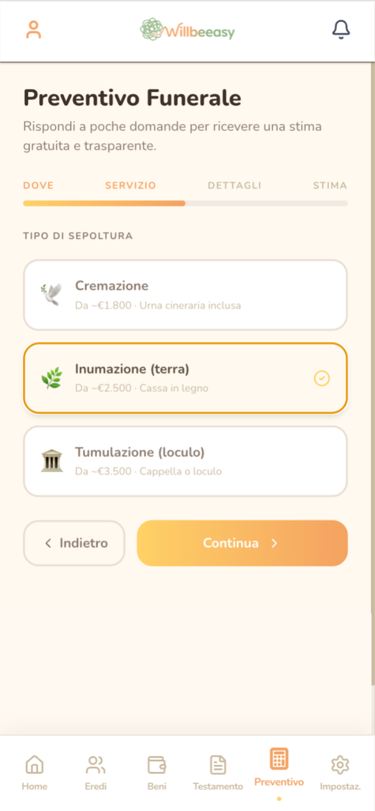 Schermata wizard guidato dell'App Willbeeasy