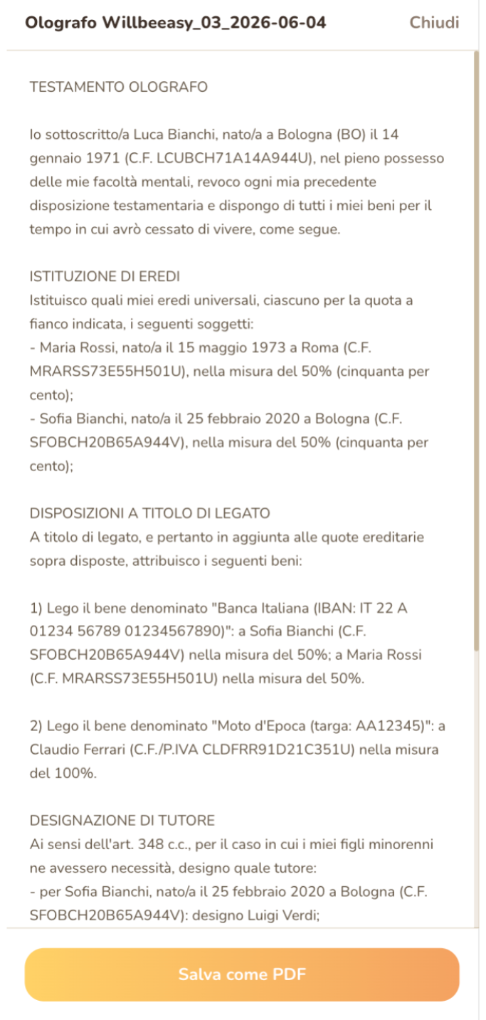 Schermata risultato testamento dell'App Willbeeasy