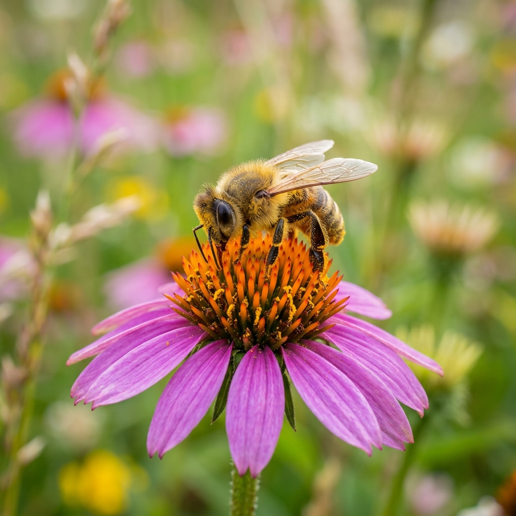 Fotografia macro di un'ape che si posa delicatamente su un fiore