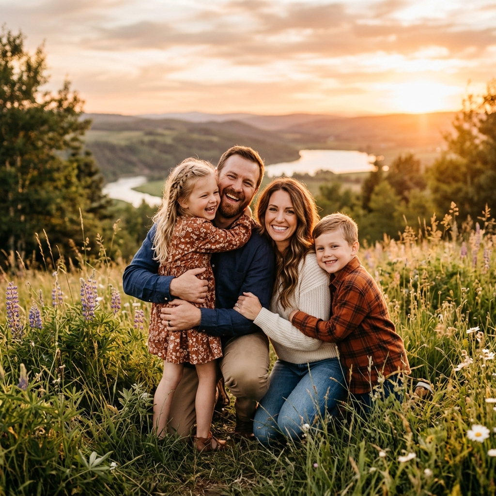 Famiglia felice e serena nella natura al tramonto, espressione di amore e legami forti