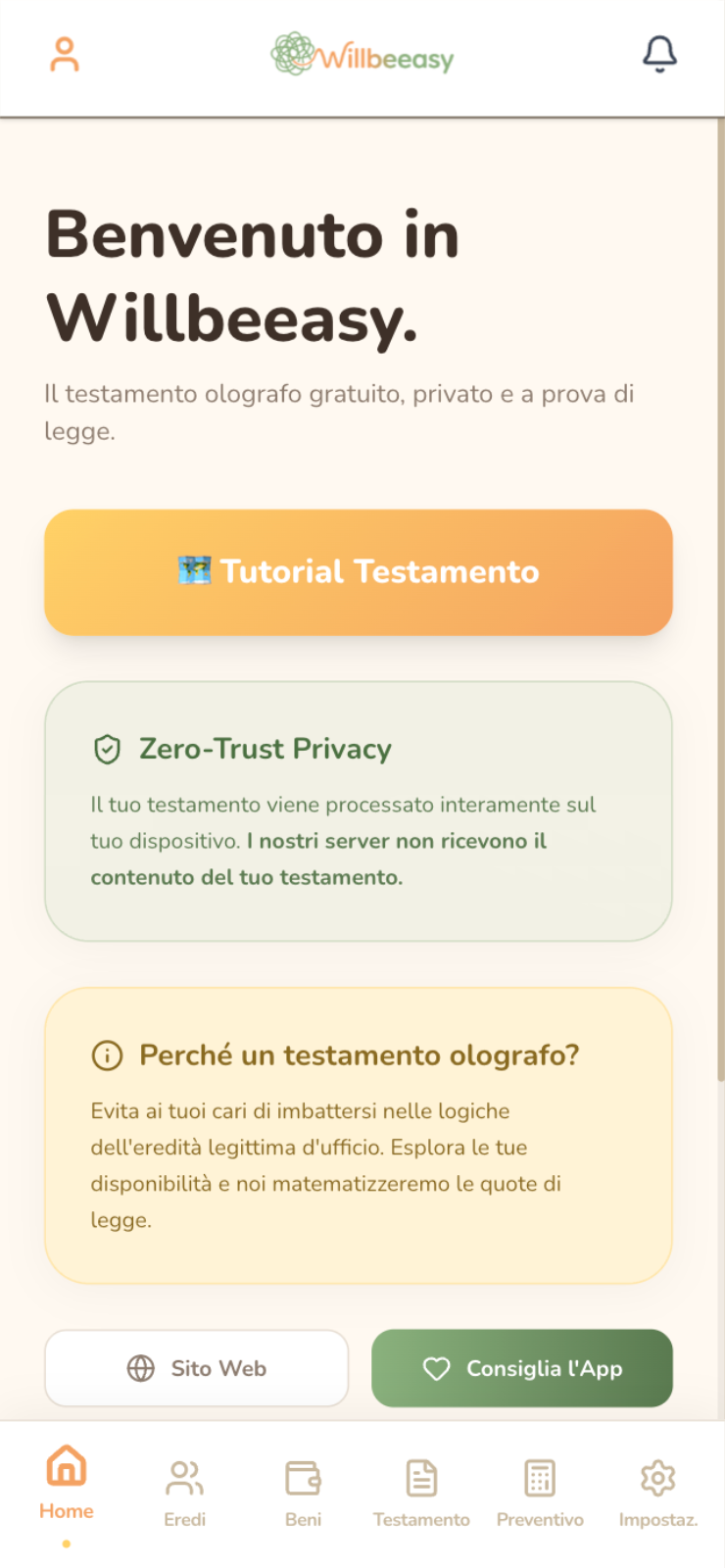 Schermata Home dell'App Willbeeasy